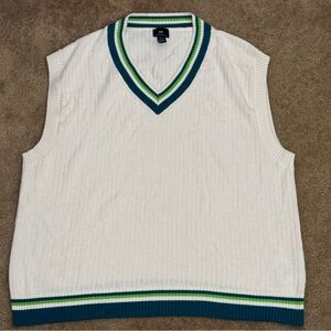 H&M Men’s Sweater Vest XXL White V-Neck Knit Relaxed Fit Green/White Trim